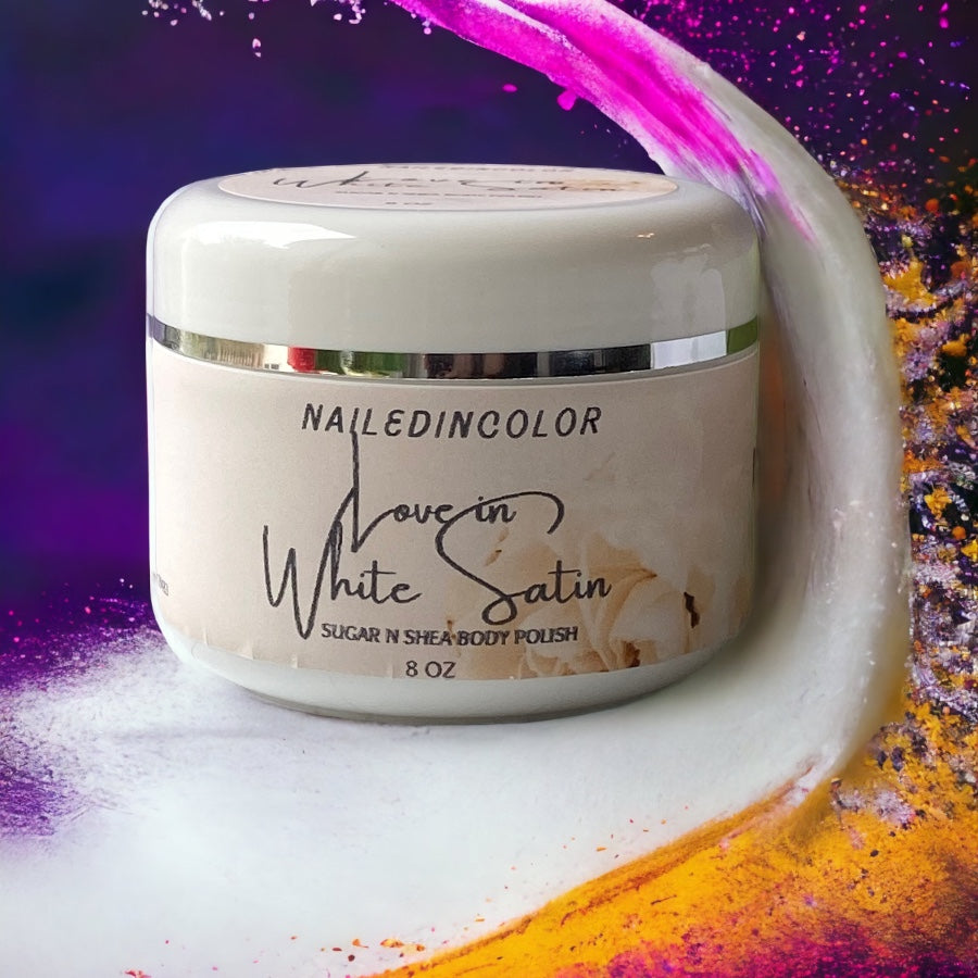 Love in White Satin Sugar N Shea Body Polish by NailedInColor Women's Floral Shower Scrub Moisturizer Exfoliant