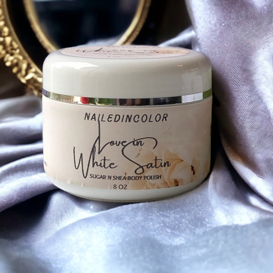 Love in White Satin Sugar N Shea Body Polish by NailedInColor Women's Floral Shower Scrub Moisturizer Exfoliant