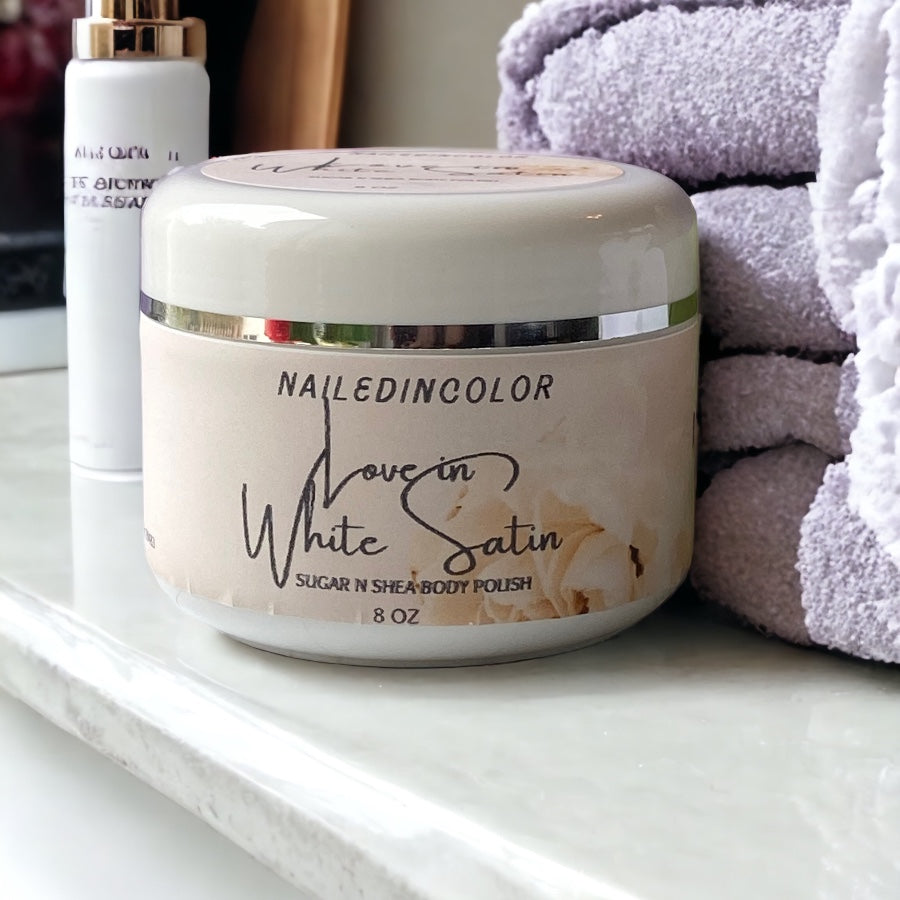 Love in White Satin Sugar N Shea Body Polish by NailedInColor Women's Floral Shower Scrub Moisturizer Exfoliant