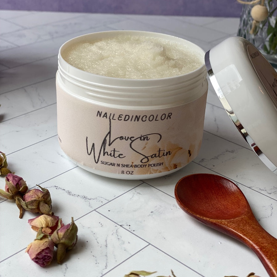 Love in White Satin Sugar N Shea Body Polish by NailedInColor Women's Floral Shower Scrub Moisturizer Exfoliant