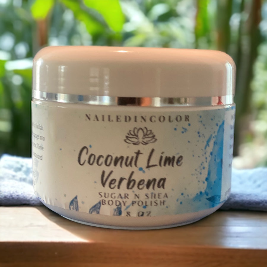 Sugar N Shea Body Polish in Coconut Lime Verbena by NailedInColor Vibrant Women's Shower Sugar Scrub Exfoliant Moisturizer