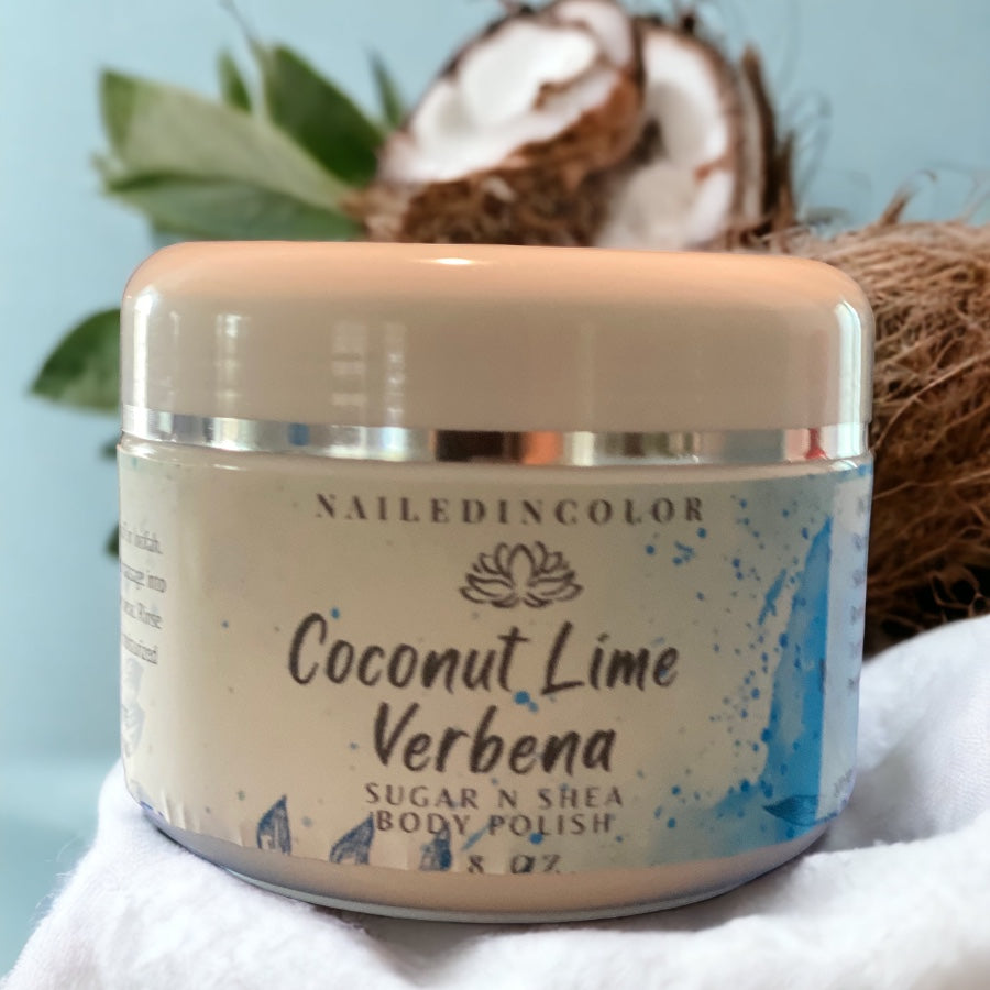 Sugar N Shea Body Polish in Coconut Lime Verbena by NailedInColor Vibrant Women's Shower Sugar Scrub Exfoliant Moisturizer