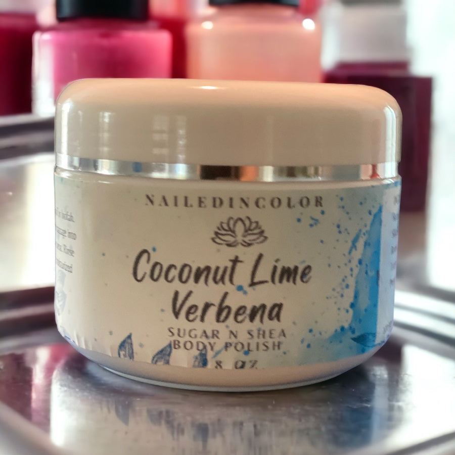Sugar N Shea Body Polish in Coconut Lime Verbena by NailedInColor Vibrant Women's Shower Sugar Scrub Exfoliant Moisturizer