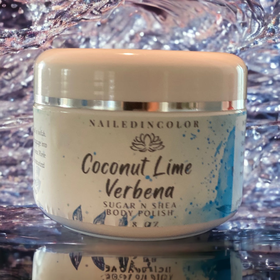 Sugar N Shea Body Polish in Coconut Lime Verbena by NailedInColor Vibrant Women's Shower Sugar Scrub Exfoliant Moisturizer