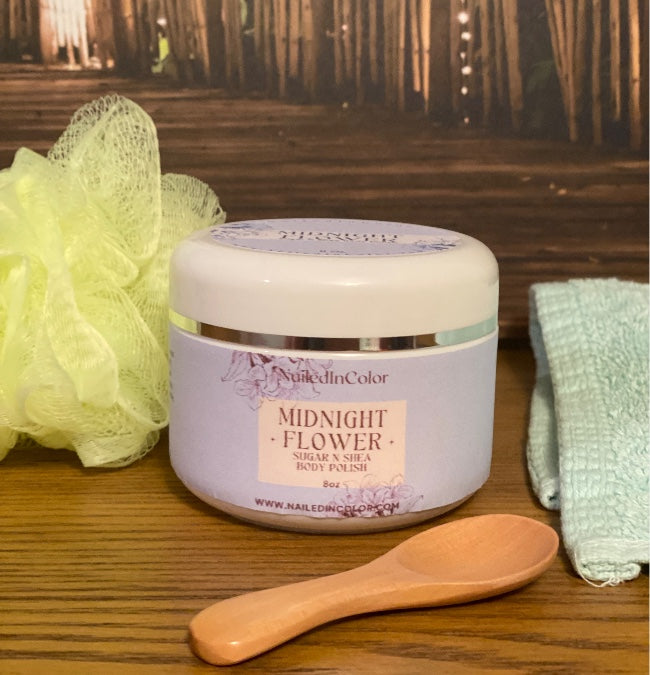 Midnight Flower Sugar N Shea Shower Sugar Scrub by NailedInColor Soft Floral Women's Body Polish Moisturizer Exfoliant