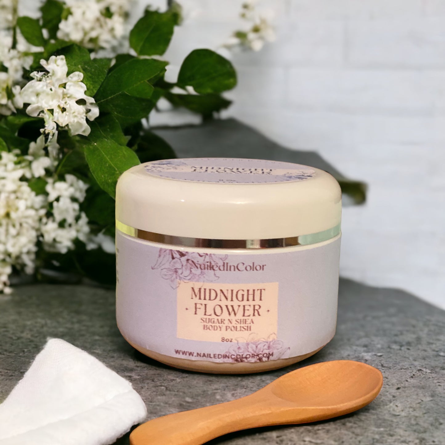 Midnight Flower Sugar N Shea Shower Sugar Scrub by NailedInColor Soft Floral Women's Body Polish Moisturizer Exfoliant