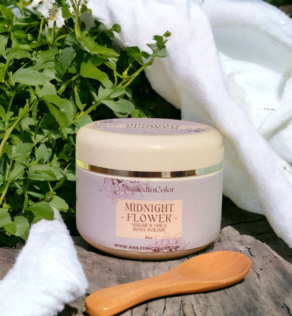 Midnight Flower Sugar N Shea Shower Sugar Scrub by NailedInColor Soft Floral Women's Body Polish Moisturizer Exfoliant
