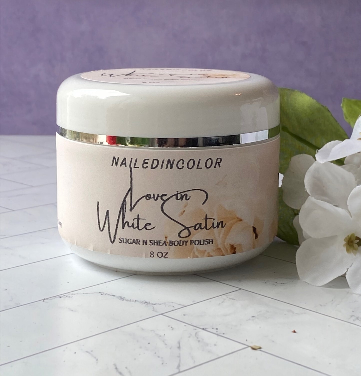 Love in White Satin Sugar N Shea Body Polish by NailedInColor Women's Floral Shower Scrub Moisturizer Exfoliant