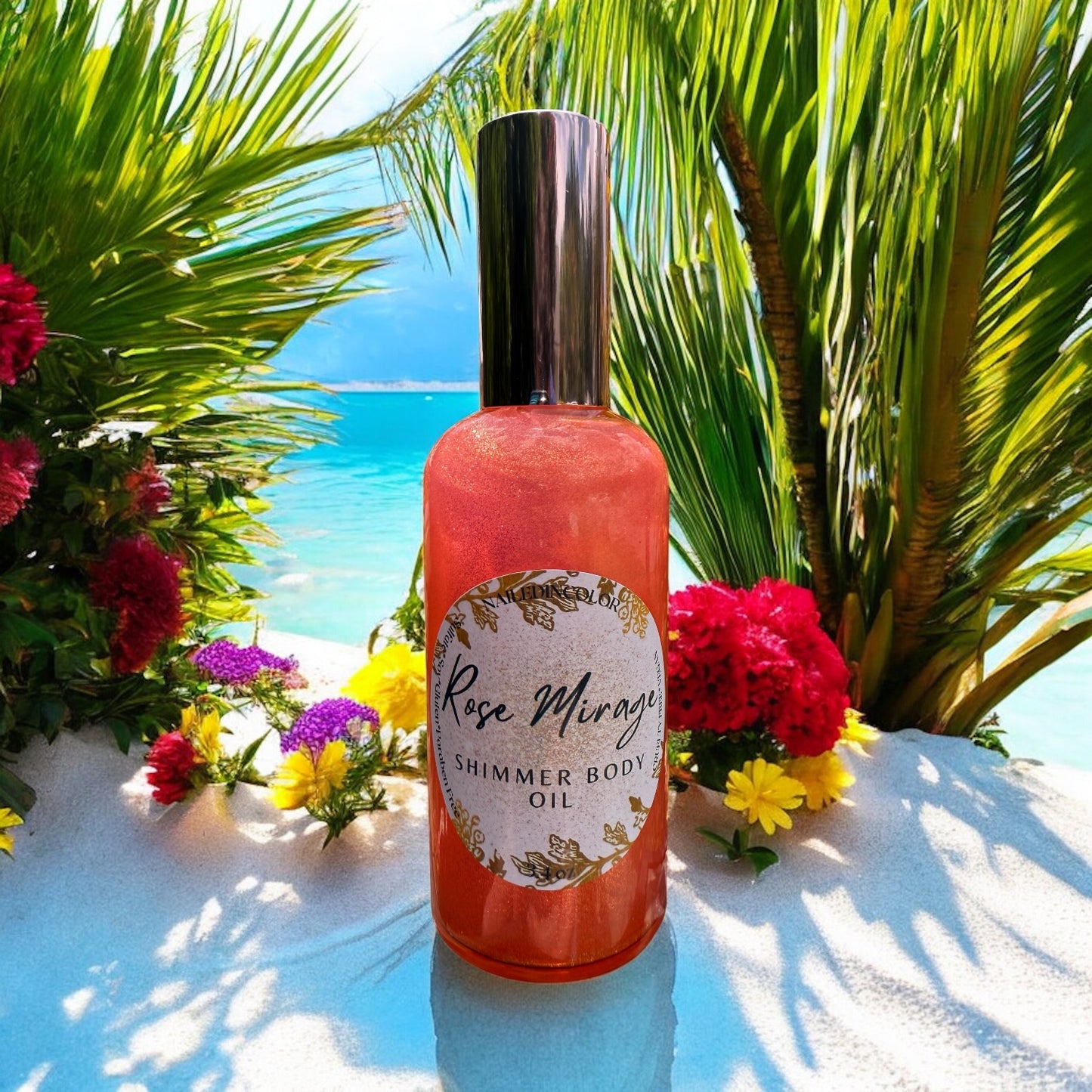 Rose Mirage Shimmer Body Oil by NailedInColor, 3.4 Fl oz for Women, Teens, Ladies, Lightweight Spray ,Pink to Shimmery, Fine glitter