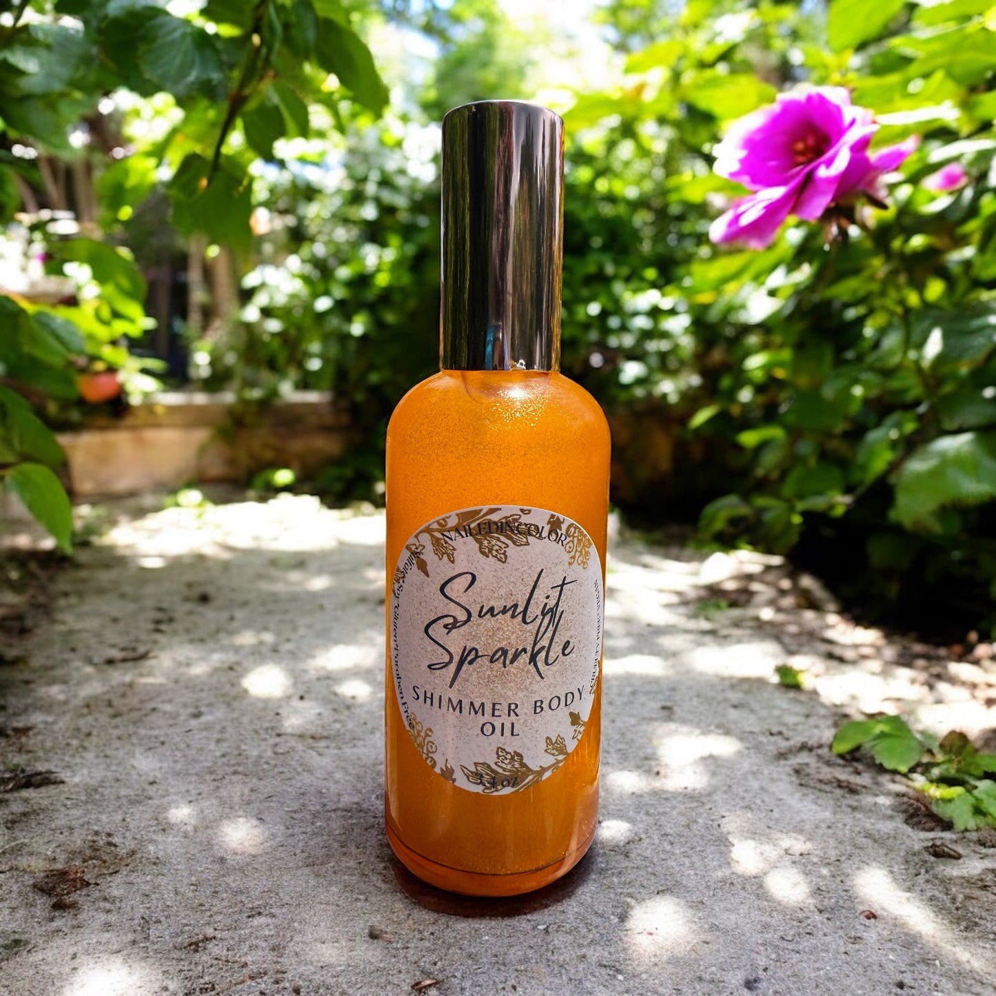 Sunlit Sparkle Body Mist Shimmer Oil by NailedInColor, Unscented, Women, Teens 3.4 Fl oz Pink Glass Bottle Holding a Beautiful Sunny Yellow Shimmer Body Oil