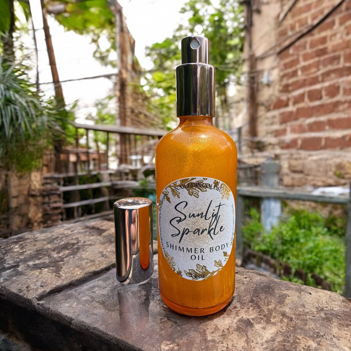 Sunlit Sparkle Body Mist Shimmer Oil by NailedInColor, Unscented, Women, Teens 3.4 Fl oz Pink Glass Bottle Holding a Beautiful Sunny Yellow Shimmer Body Oil