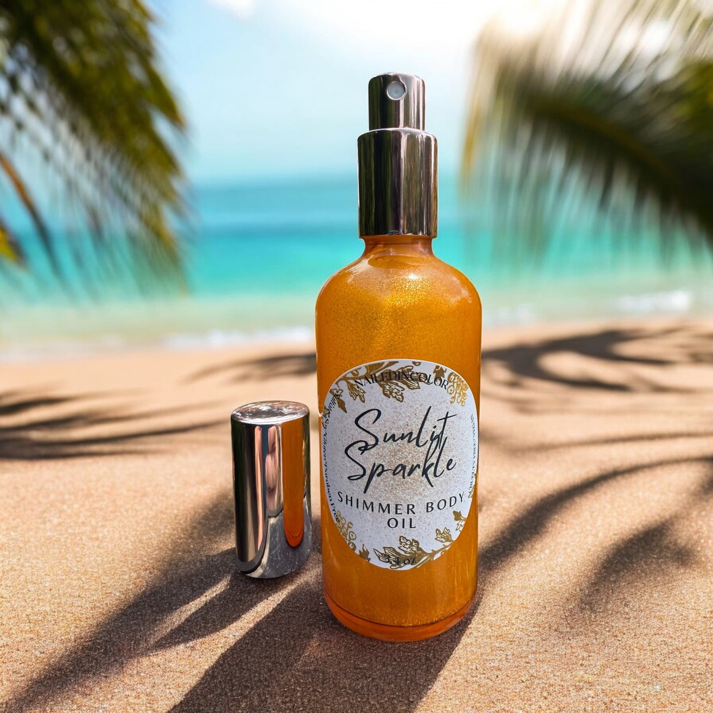 Sunlit Sparkle Body Mist Shimmer Oil by NailedInColor, Unscented, Women, Teens 3.4 Fl oz Pink Glass Bottle Holding a Beautiful Sunny Yellow Shimmer Body Oil