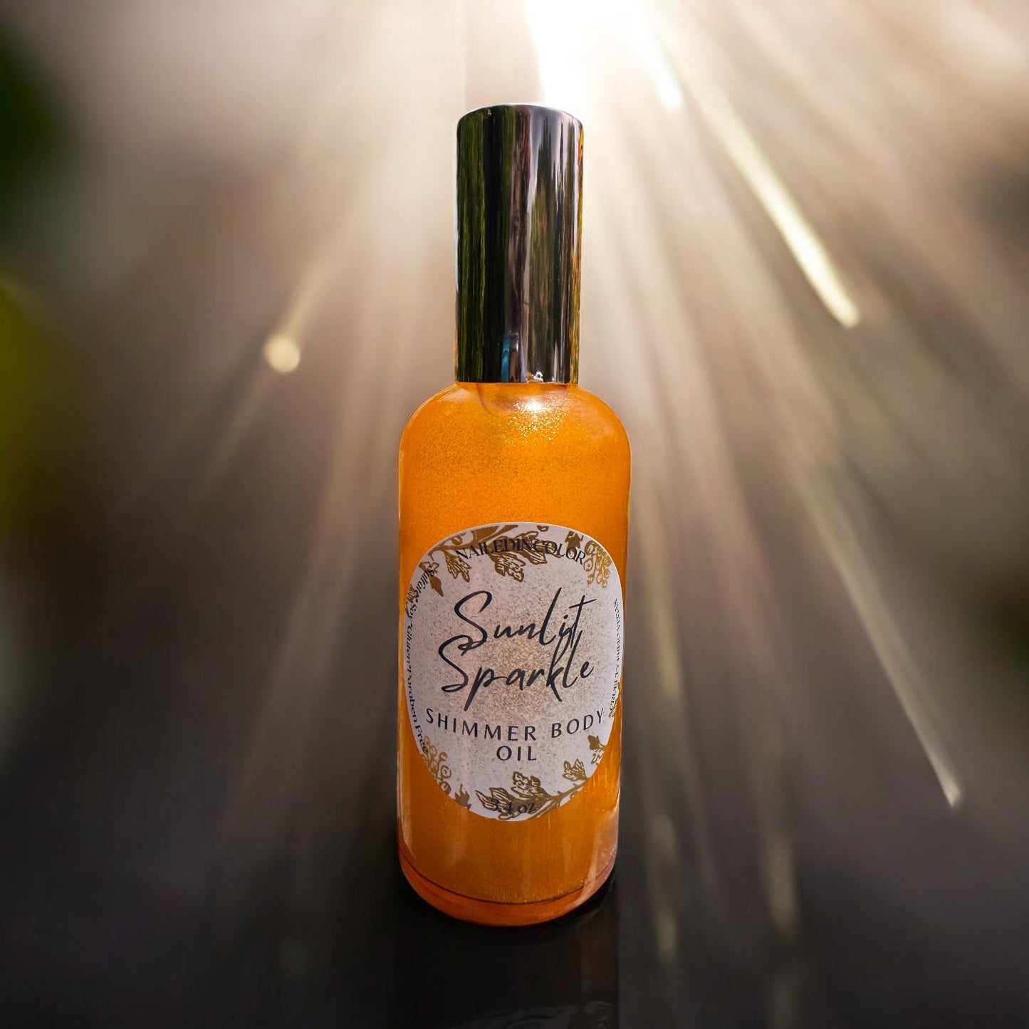 Sunlit Sparkle Body Mist Shimmer Oil by NailedInColor, Unscented, Women, Teens 3.4 Fl oz Pink Glass Bottle Holding a Beautiful Sunny Yellow Shimmer Body Oil