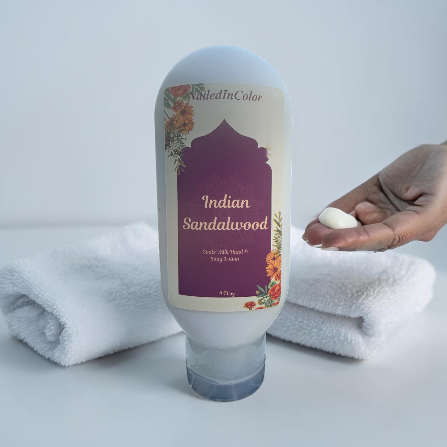 Indian Sandalwood Goats' Milk Lotion, Pure Santalum Album, Warm Earthy Aroma, Subtle Skin-Close Scent, 4 oz by NailedInColor