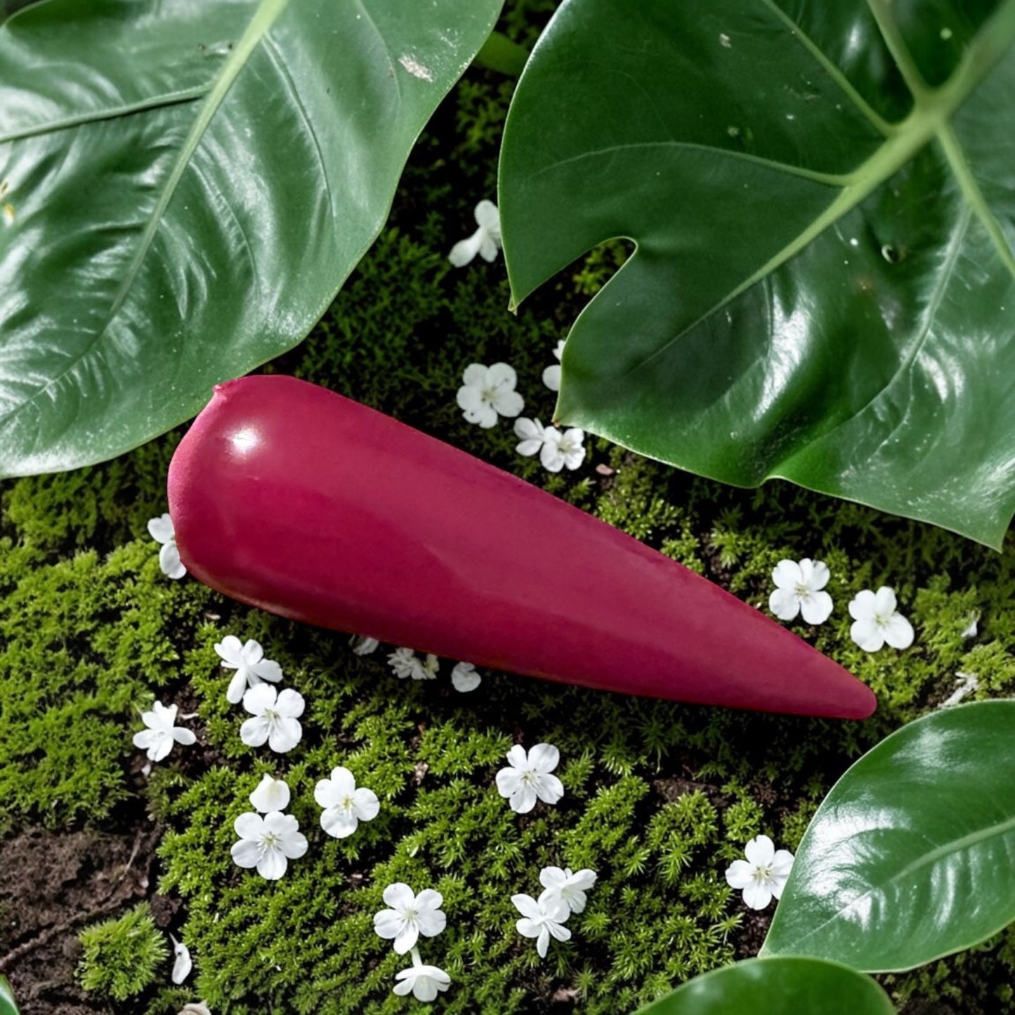 Deep maroon nail swatch on a bed of green leaves and small white flowers