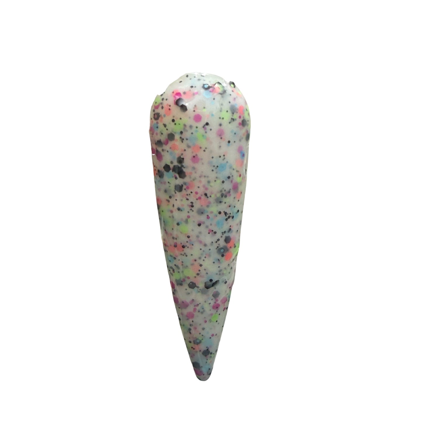 Tapered, multicolored speckled nail swatch on a white background