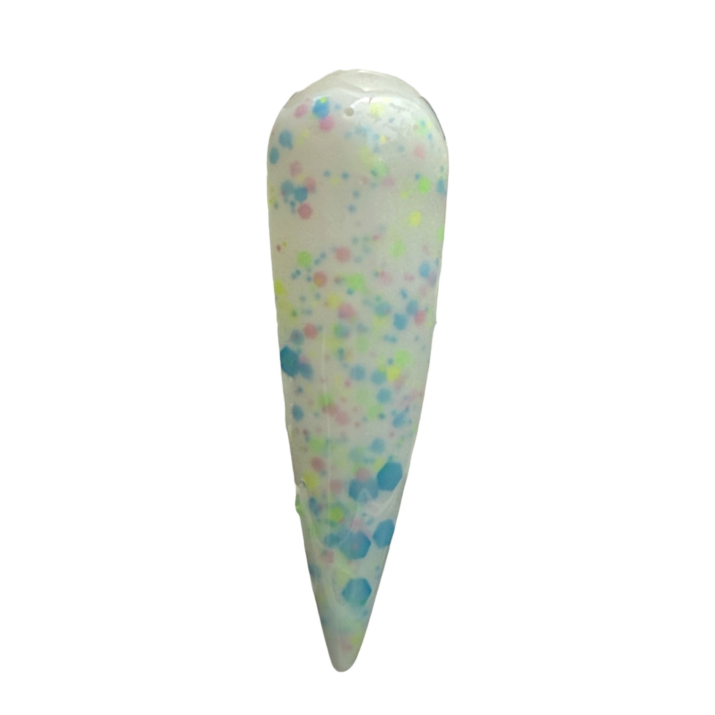 multicolor nail swatch with colorful speckles on a white background