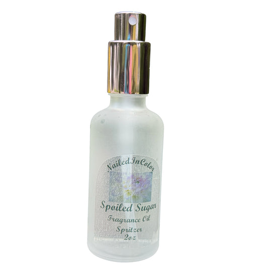 Frosted spray bottle labeled 'Spoiled Sugar' on a white background