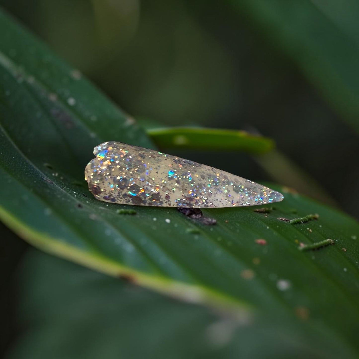 Silver glittery nail tip on a green leaf with a blurred green background