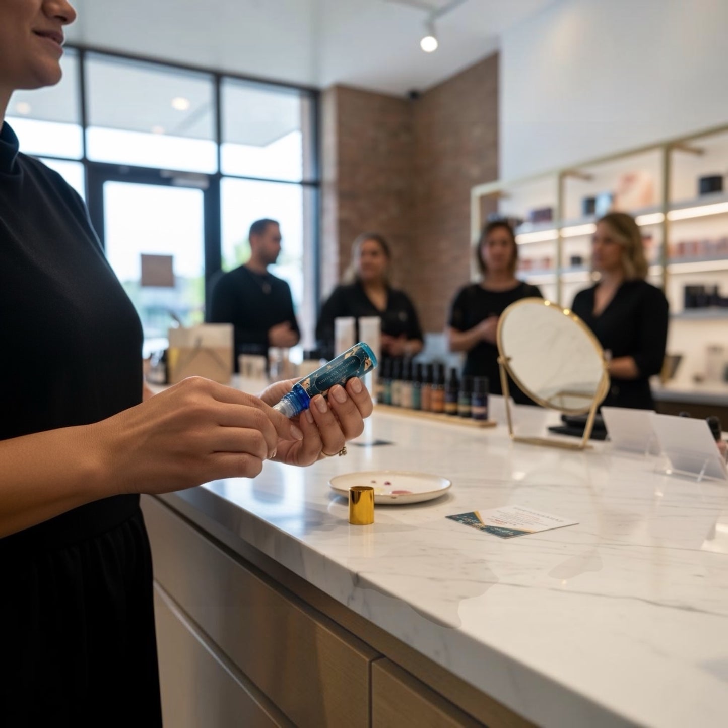 A woman in a black top holds a bottle of Moroccan Cashmere cuticle oil on a white marble counter inside a modern beauty store, with blurred staff and shelves in the background.