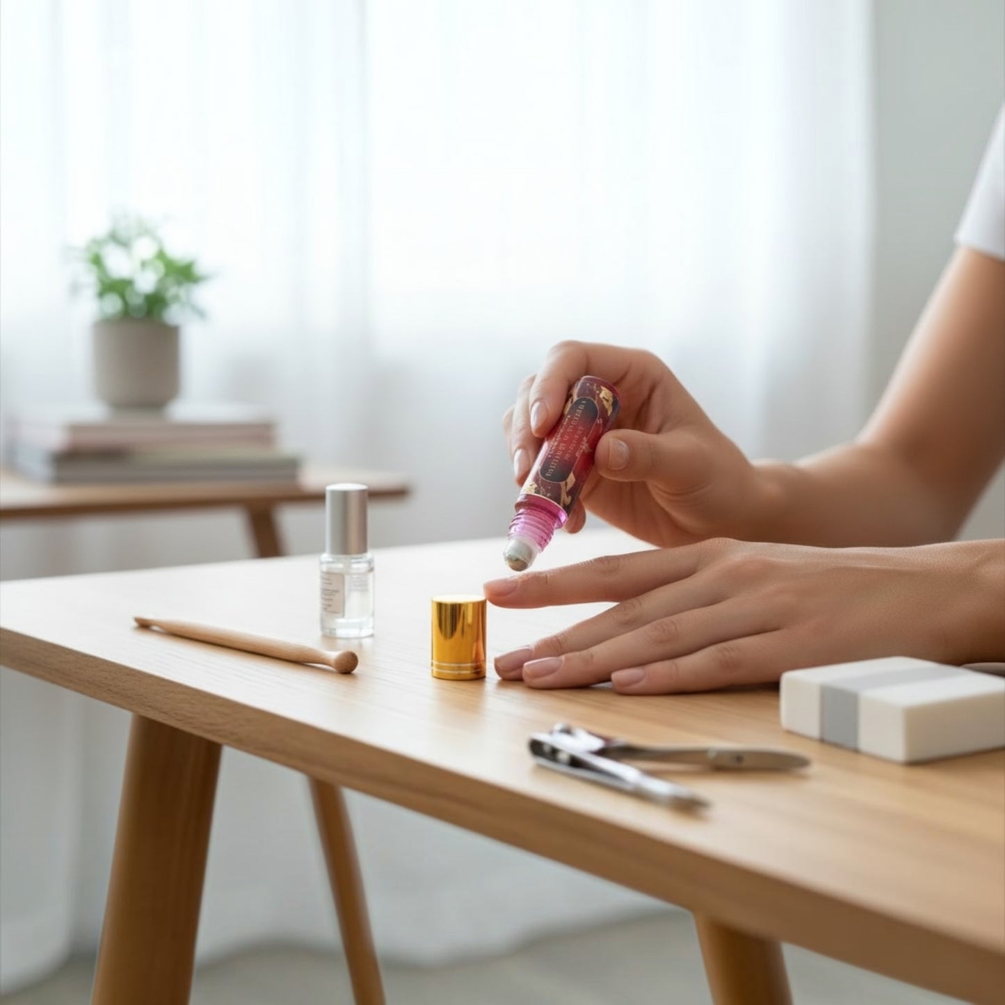 A close-up lifestyle shot of a person's hands applying a pink and gold rollerball perfume oil onto their finger, set on a light wooden table with nail tools and a small bottle in a bright, softly lit room.