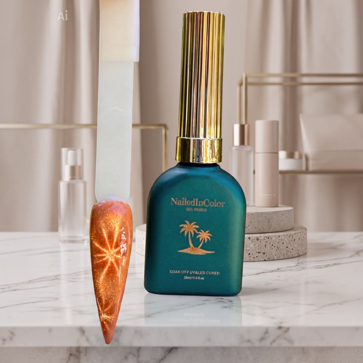 Enhanced cat eye effect standing next to gel polish bottle in teal green withgold lettering and gold cap. marble look counter and cosmetic bottles in background
