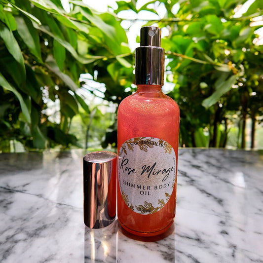 Rose Mirage Shimmer Body Oil by NailedInColor, 3.4 Fl oz for Women, Teens, Ladies, Lightweight Spray ,Pink to Shimmery, Fine glitter