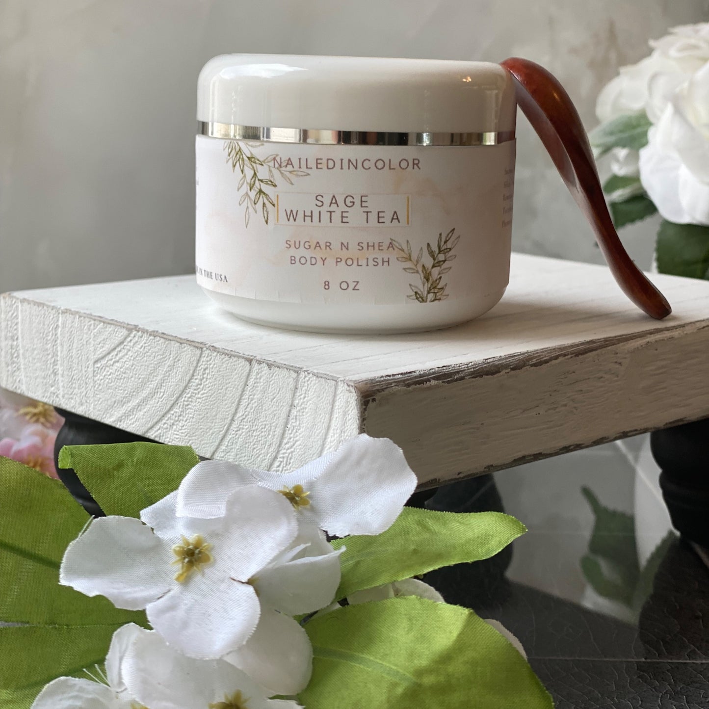 Sage White Tea Scented Sugar Scrub by NailedInColor Women's Moisturized Shower Body Polish Moisturizer Exfoliant