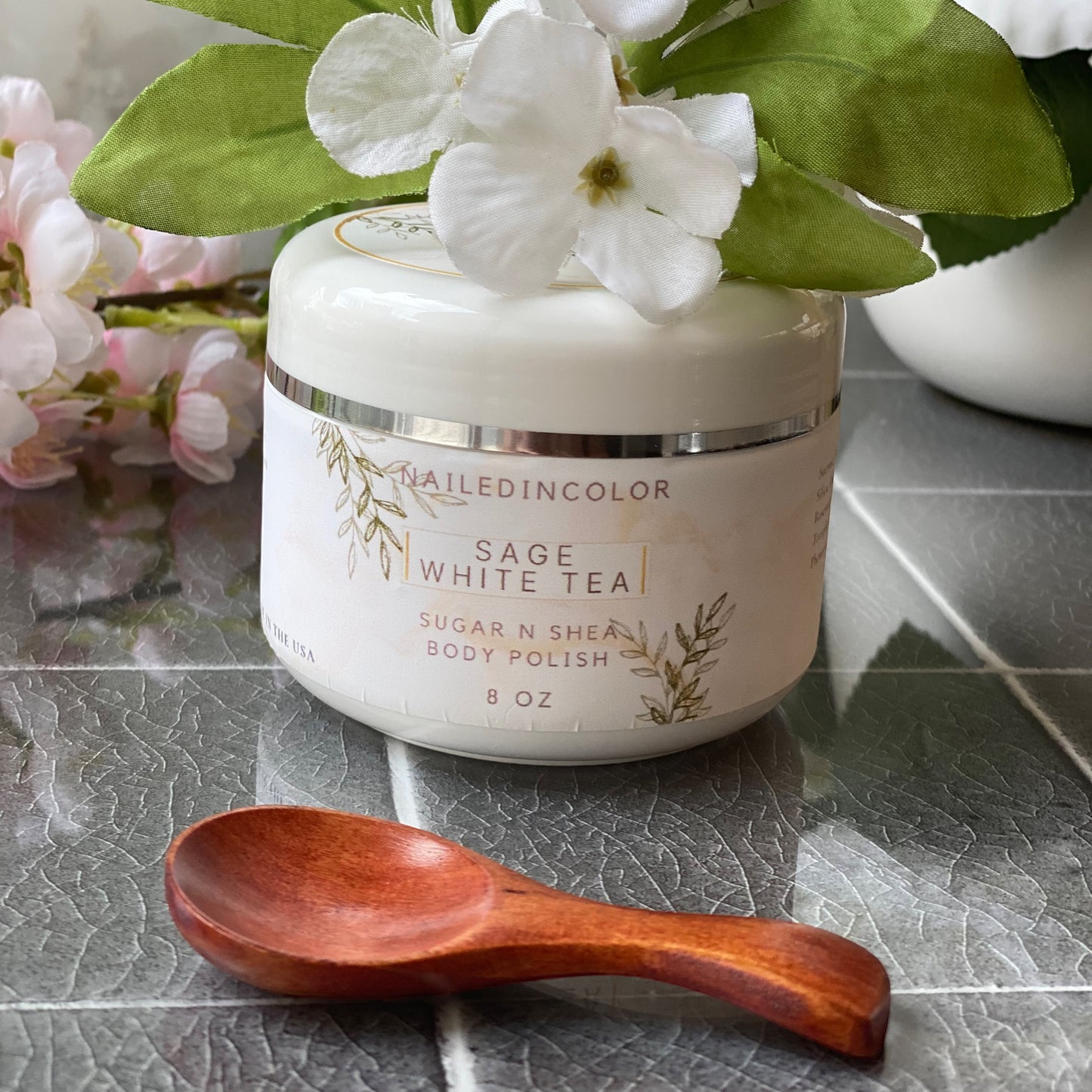 Sage White Tea Scented Sugar Scrub by NailedInColor Women's Moisturized Shower Body Polish Moisturizer Exfoliant