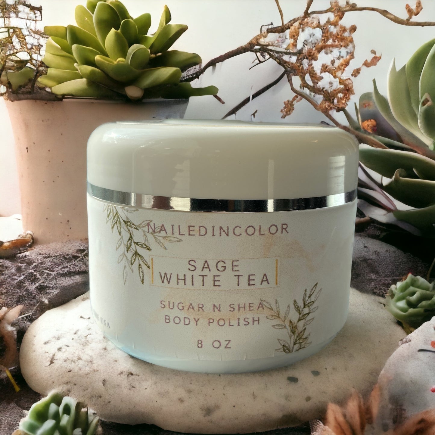 Sage White Tea Scented Sugar Scrub by NailedInColor Women's Moisturized Shower Body Polish Moisturizer Exfoliant