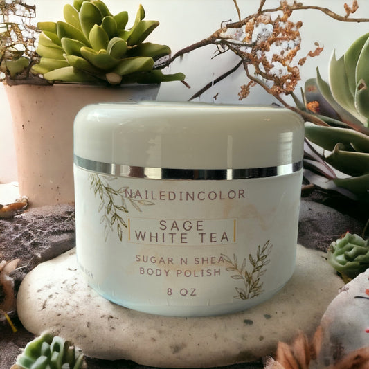 Sage White Tea Scented Sugar Scrub by NailedInColor Women's Moisturized Shower Body Polish Moisturizer Exfoliant