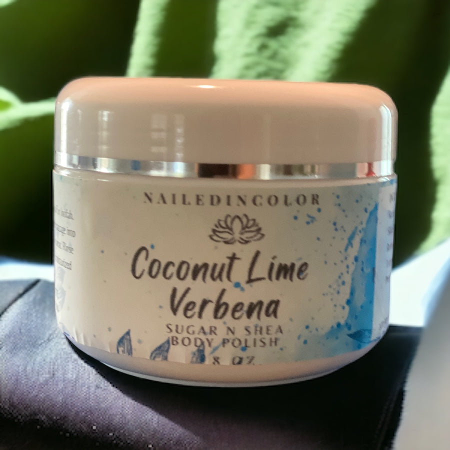 Sugar N Shea Body Polish in Coconut Lime Verbena by NailedInColor Vibrant Women's Shower Sugar Scrub Exfoliant Moisturizer
