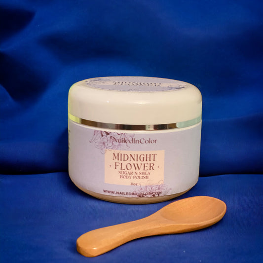 Midnight Flower Sugar N Shea Shower Sugar Scrub by NailedInColor Soft Floral Women's Body Polish Moisturizer Exfoliant