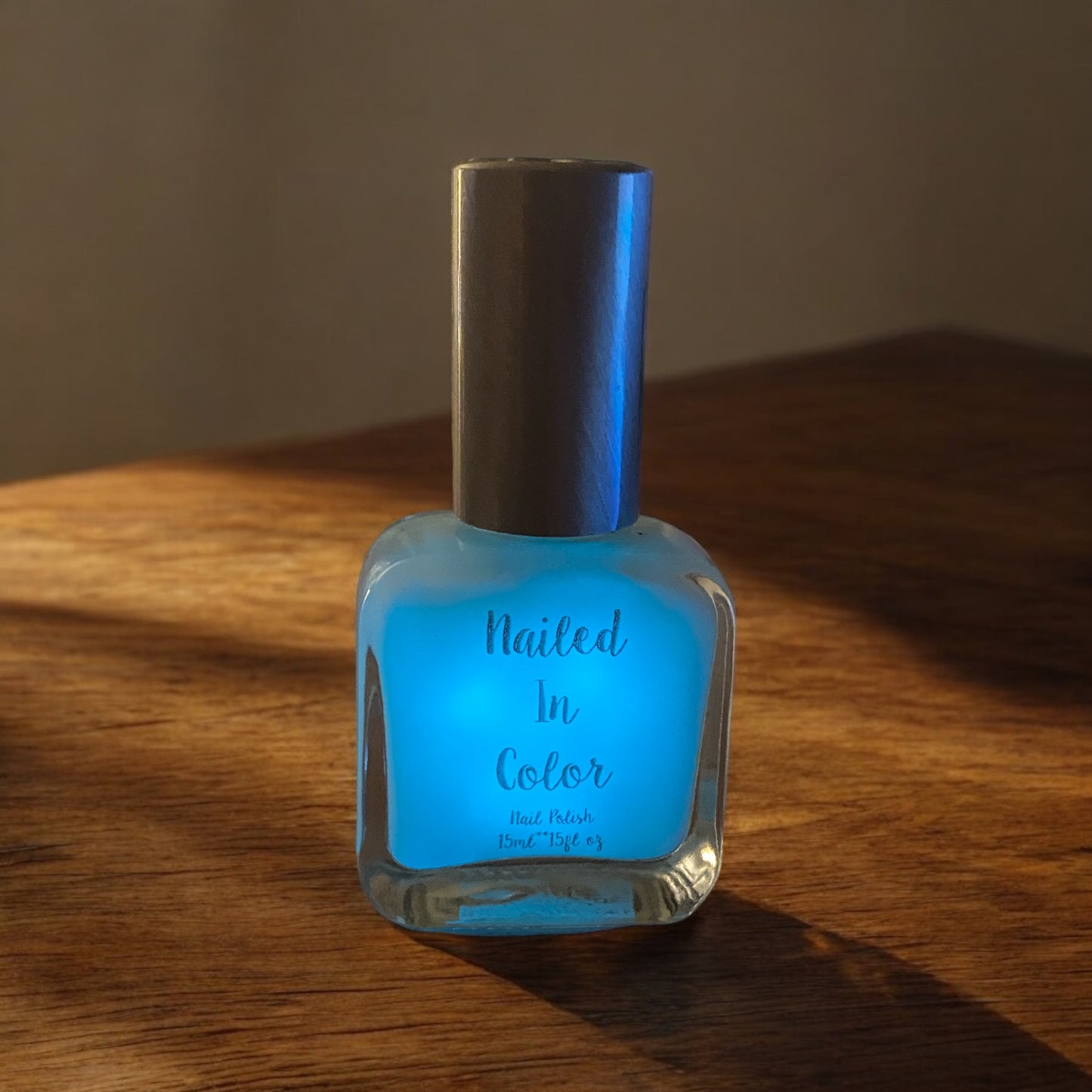 Lunar Blue by NailedInColor Glow in the Dark Opaque Nail Polish Sunlight Enhanced nail color to light blue by NailedInColor