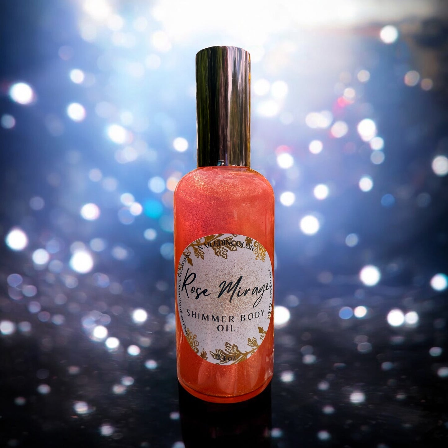 Rose Mirage Shimmer Body Oil by NailedInColor, 3.4 Fl oz for Women, Teens, Ladies, Lightweight Spray ,Pink to Shimmery, Fine glitter