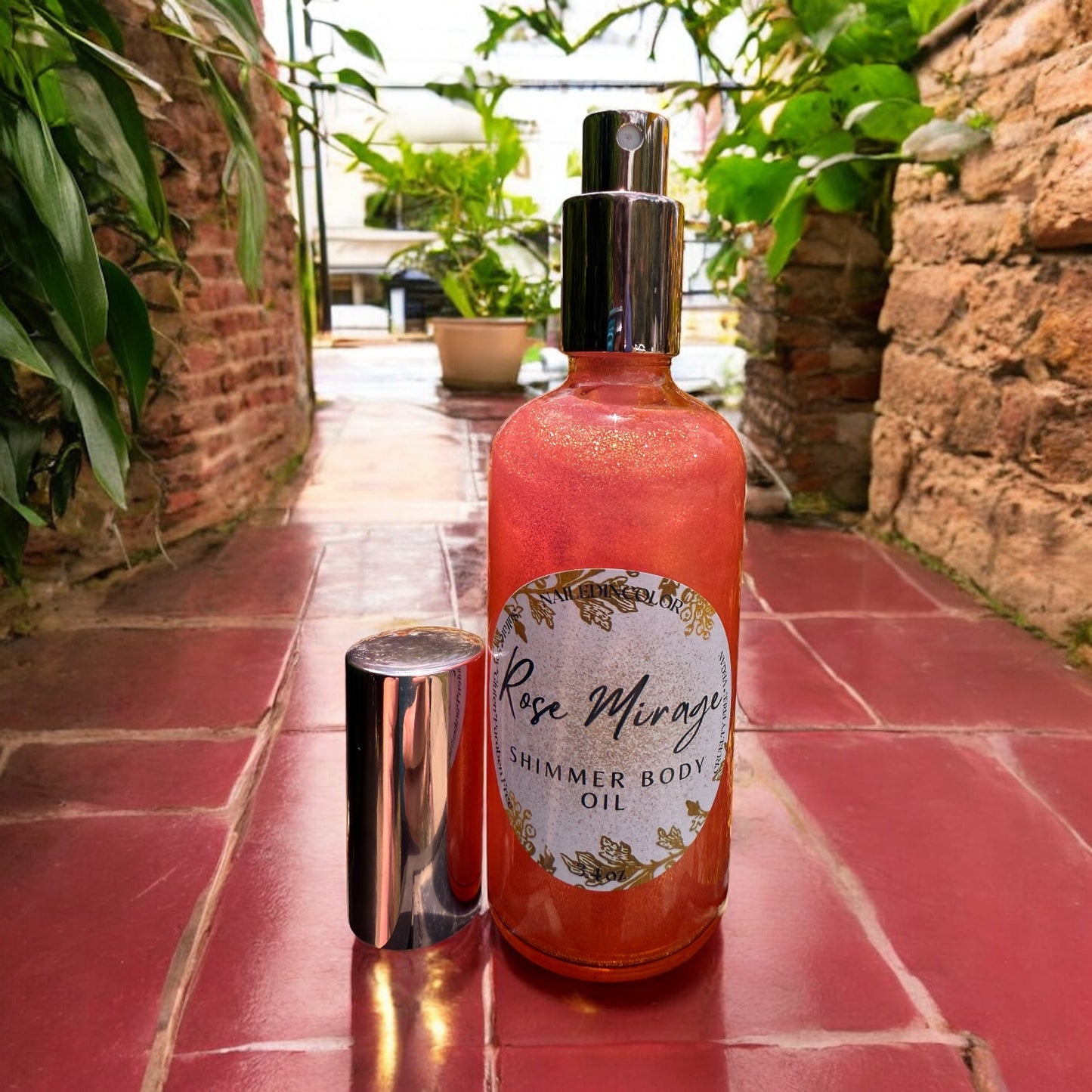 Rose Mirage Shimmer Body Oil by NailedInColor, 3.4 Fl oz for Women, Teens, Ladies, Lightweight Spray ,Pink to Shimmery, Fine glitter
