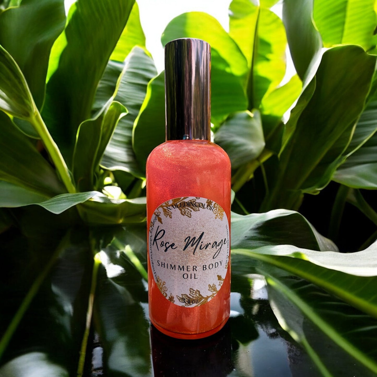 Rose Mirage Shimmer Body Oil by NailedInColor, 3.4 Fl oz for Women, Teens, Ladies, Lightweight Spray ,Pink to Shimmery, Fine glitter