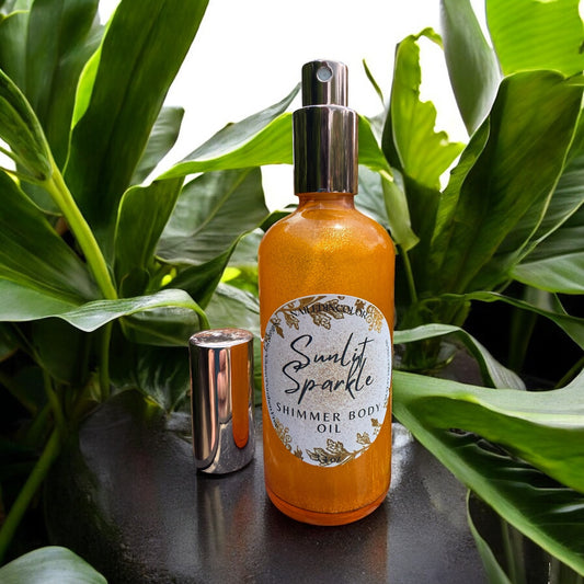 Sunlit Sparkle Body Mist Shimmer Oil by NailedInColor, Unscented, Women, Teens 3.4 Fl oz Pink Glass Bottle Holding a Beautiful Sunny Yellow Shimmer Body Oil