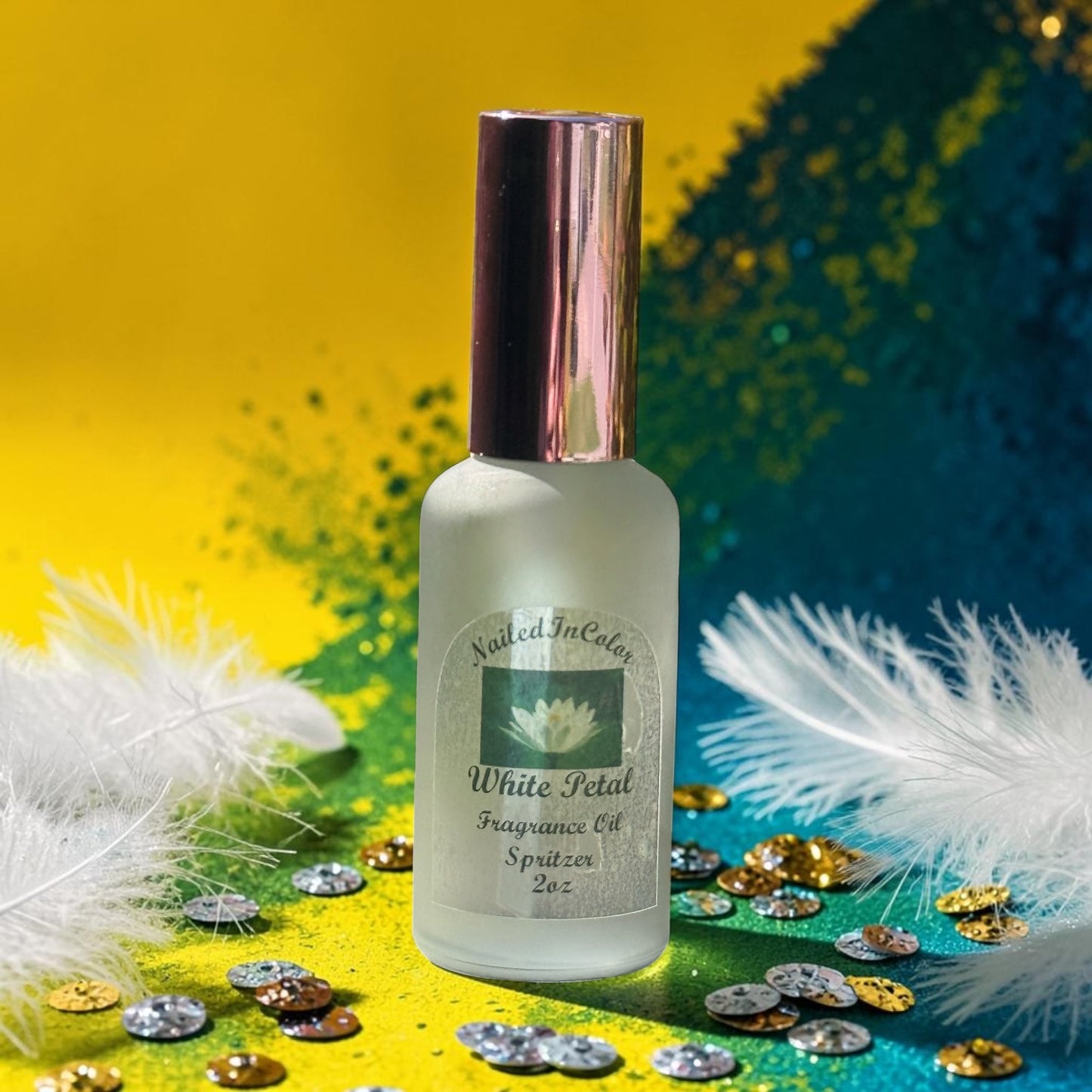 White Petal soft floral body mist bottle on colorful background with feathers
