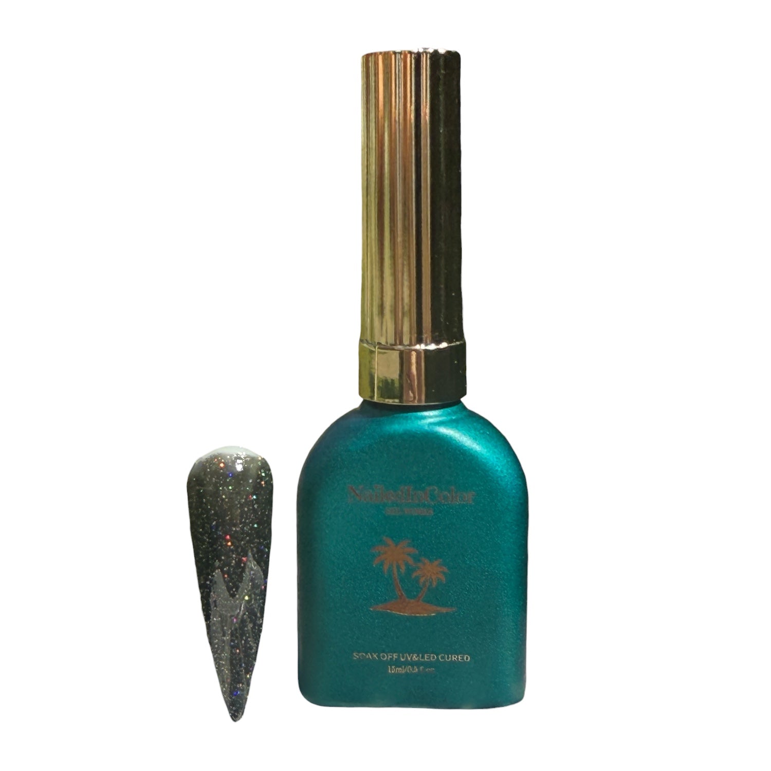 Teal nail polish bottle with gold cap and a glittery nail tip on a white background
