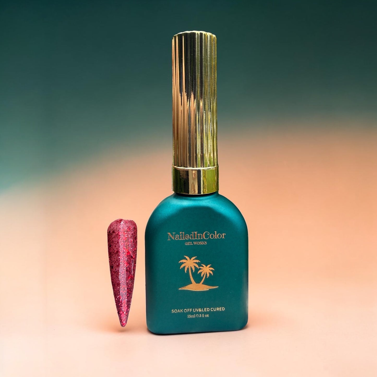 Nail polish bottle with gold cap and red glittery nail tip on a gradient background
