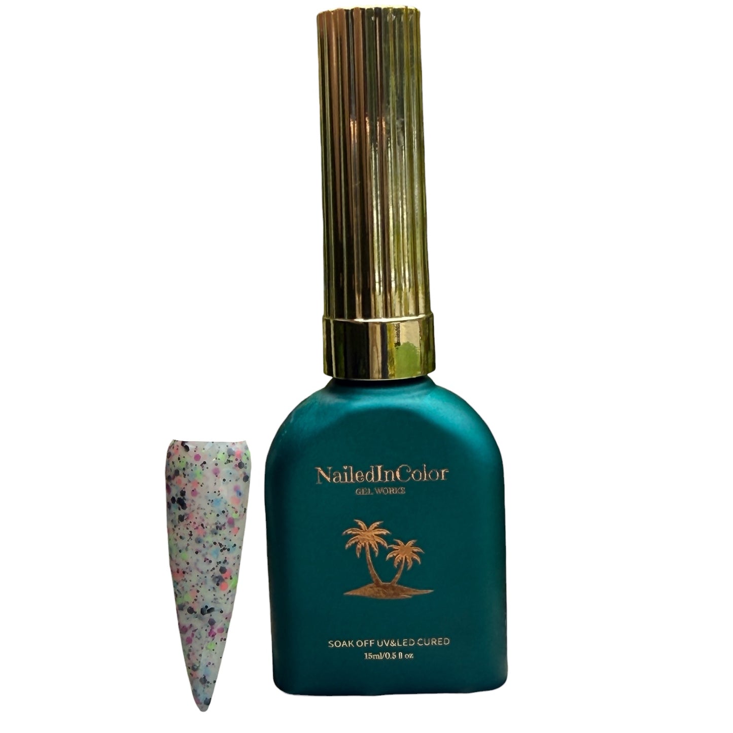 Teal nail polish bottle with gold cap and 'Nailed In Color' branding on a white background, nail swatch done in Black Tie Confetti, black specked flake polish