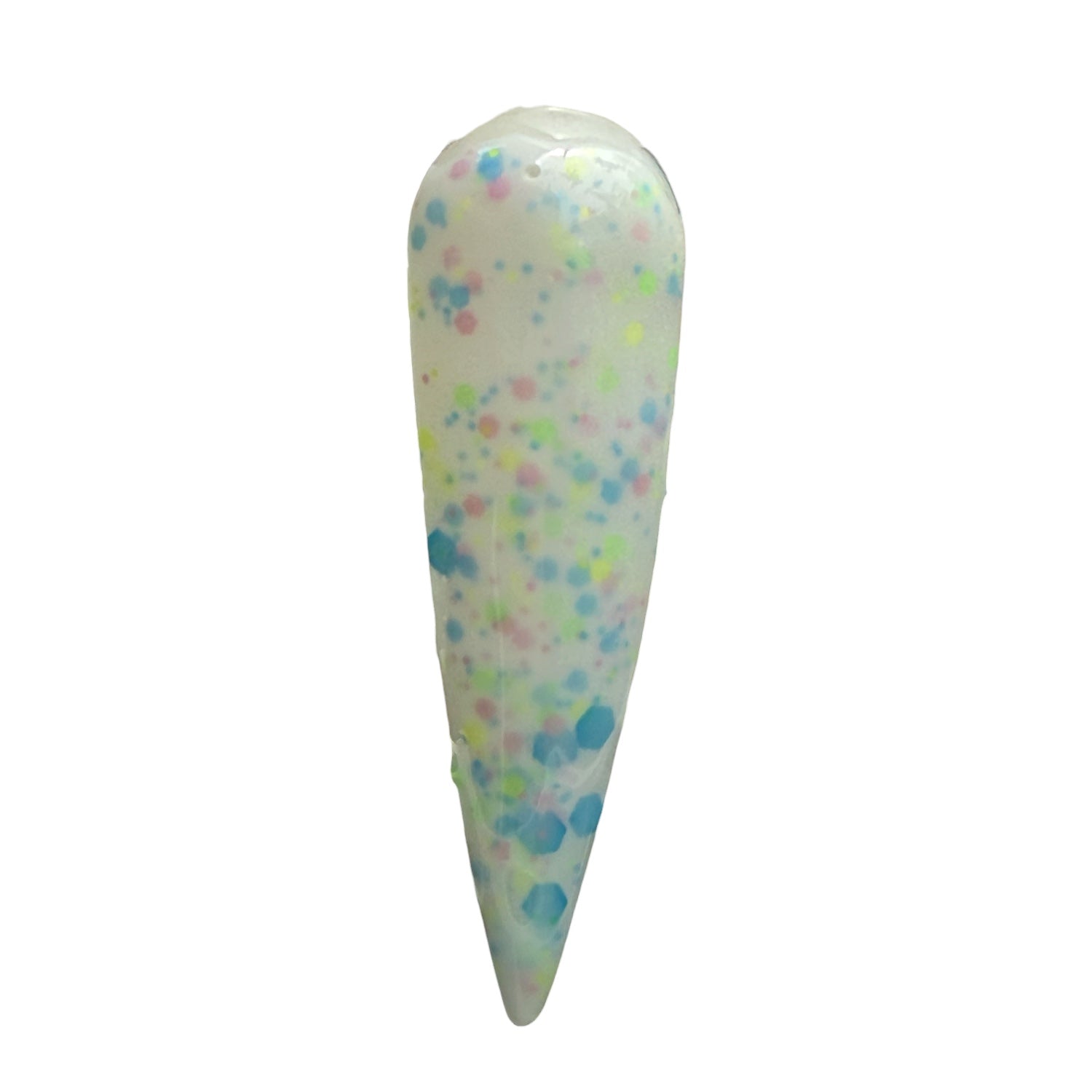 multicolor nail swatch with colorful speckles on a white background