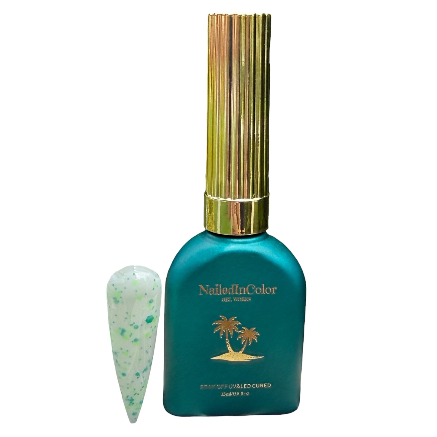 Teal nail polish bottle with gold cap and 'Nailed In Color' branding on a white background with a polished nail swatch