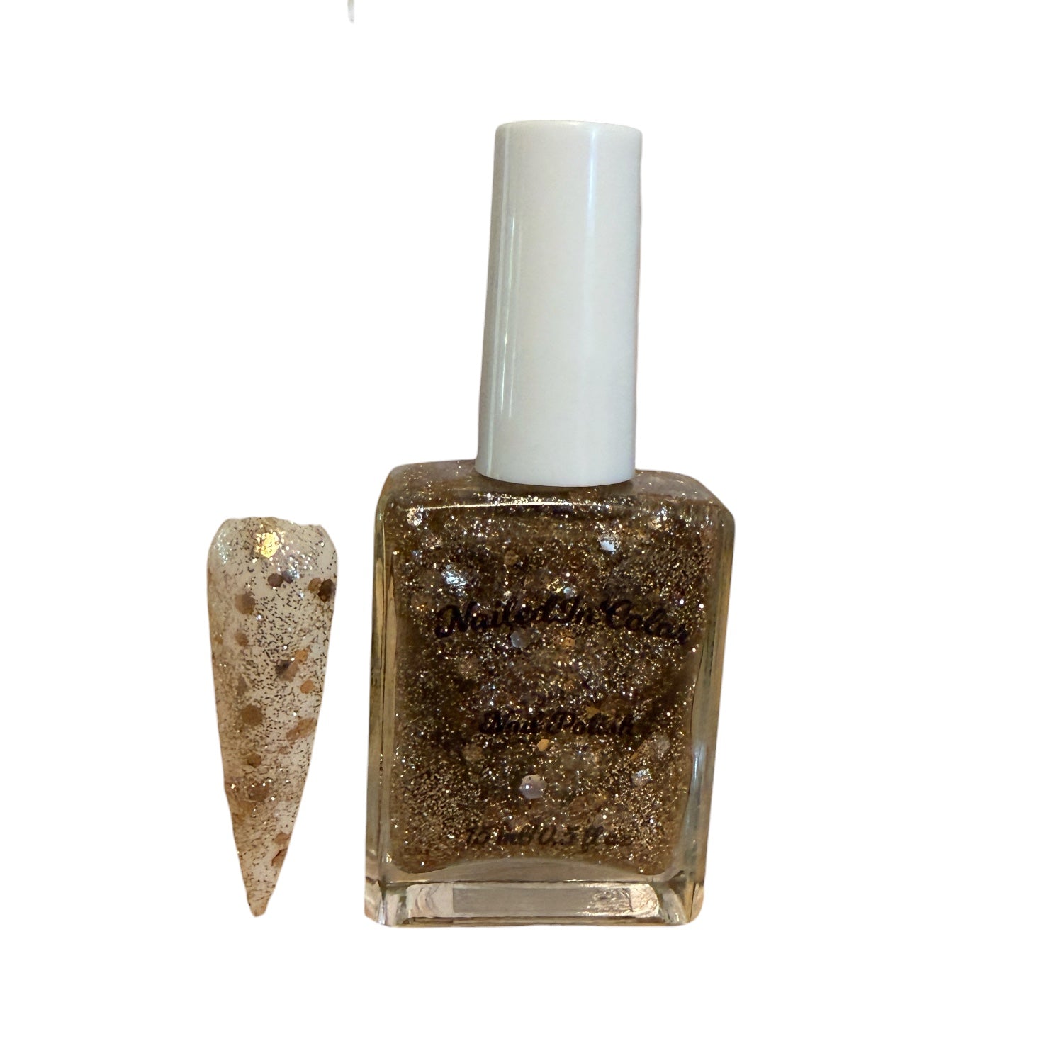 Nail polish bottle with gold glitter and a white cap on a white background with matching gold glitter nail swatch