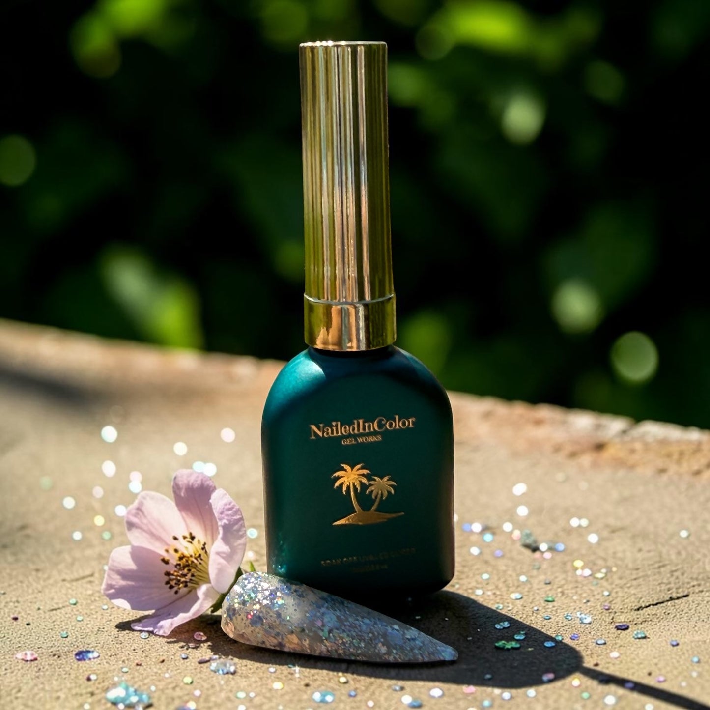 Green nail polish bottle with gold cap on a wooden surface with a blurred green background, a flower and a silver glitter nail tip