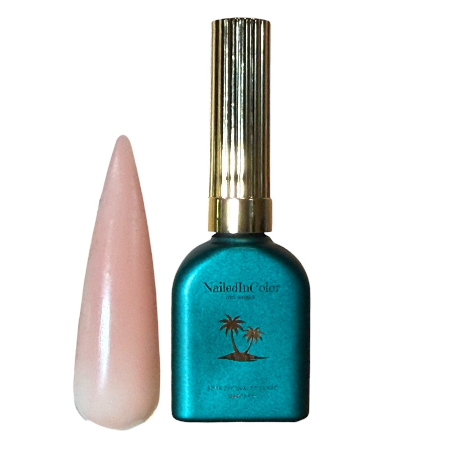 Teal nail polish bottle with a gold cap and a long, pink nail tip with builder gel on a white background
