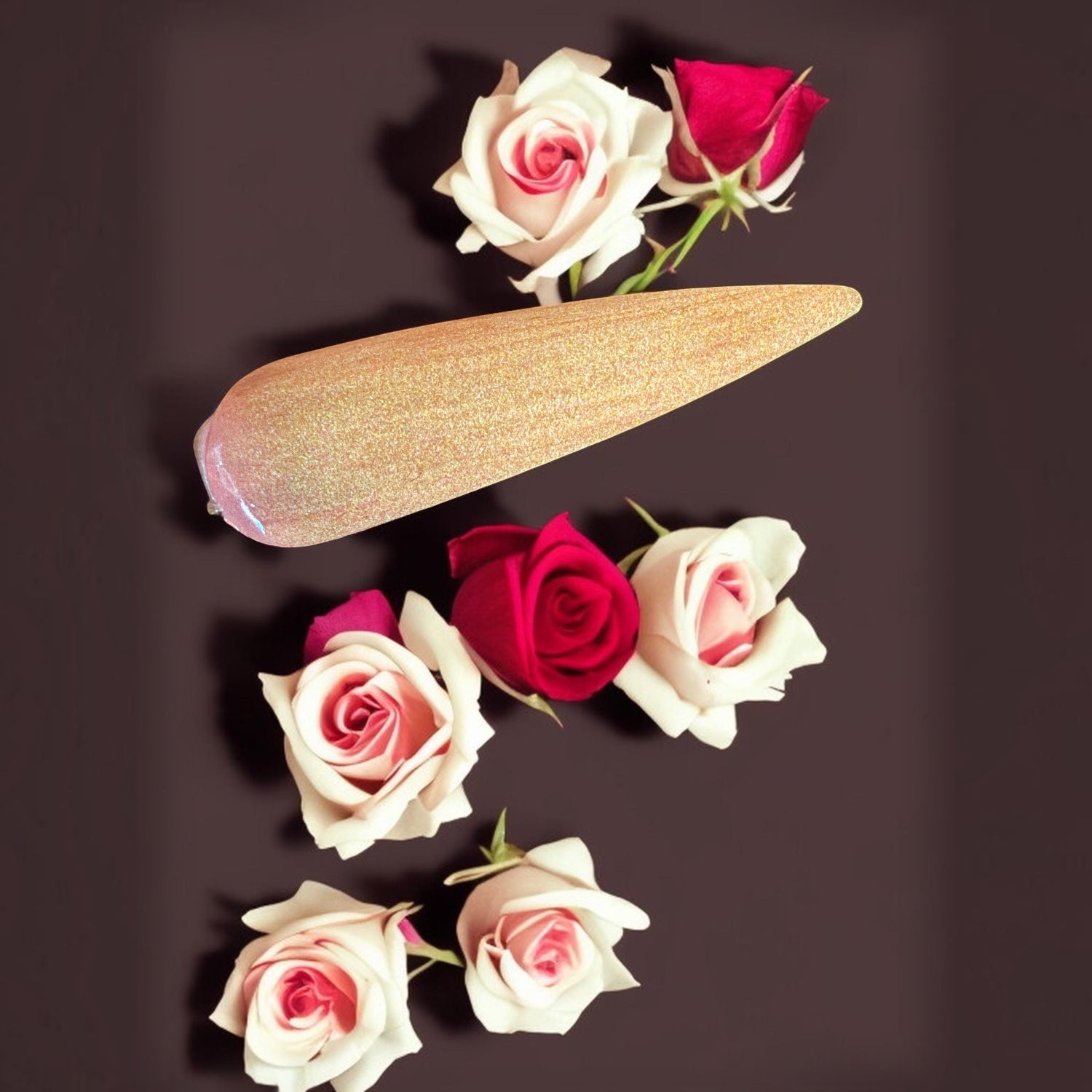Orange glow in the dark nail tip with white, pink, red roses on dark background
