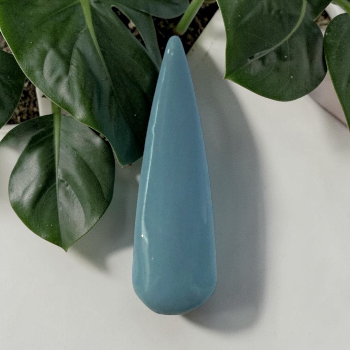 blue nail tip on white counter with green leaves
