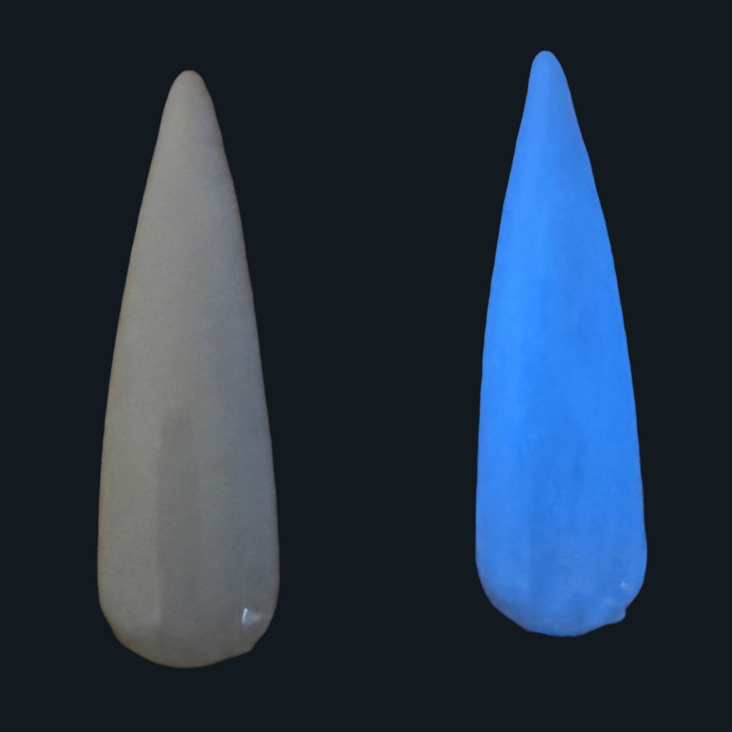 Glow in the Dark gel polish, white nail tip  changes to blue glow in the dark side by side with a black background